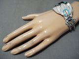 Incredible Native American Zuni Textured Inlay Turquoise Coral Kachina Sterling Silver Bracelet-Nativo Arts