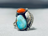 Wonderful Vintage Native American Navajo Pilot Mountain Turquoise & Coral Sterling Silver Ring-Nativo Arts