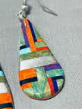 One Of Most Unique Vintage Native American Slim Inlay Sterling Silver Earrings-Nativo Arts