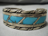 Rare Slanted Inlay Vintage Native American Navajo Turquoise Sterling Silver Bracelet- Heavy!-Nativo Arts