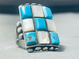 Huge Vintage Native American Navajo Turquoise Pearl Sterling Silver Inlay Heavy Ring-Nativo Arts