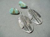 Native American Detailed Feather Genius Royston Turquoise Sterling Silver Earrings-Nativo Arts