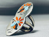 Extreme Intricacy Native American Zuni Turquoise Coral Sterling Silver Bird Ring-Nativo Arts