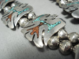 Detailed Vintage Native American Navajo Turquoise Coral Sterling Silver Squash Blossom Necklace-Nativo Arts