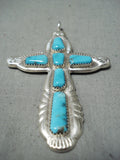 Wonderful Native American Zuni Blue Diamond Turquoise Sterling Silver Cross Pendant-Nativo Arts