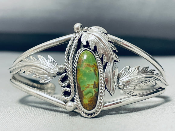 Intricate Leaf Vintage Native American Navajo Royston Turquoise Sterling Silver Bracelet-Nativo Arts