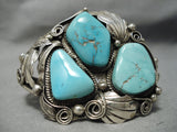 Huge Vintage Native American Navajo Natural Blue Turquoise Sterling Silver Applique Bracelet Old-Nativo Arts