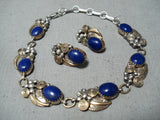 Signed Vintage Native American Navajo Lapis Sterling Silver Leaf Bracelet Earrings Set-Nativo Arts