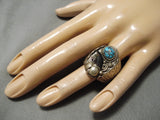 Huge Vintage Native American Zuni Men's Blue Warrior Turquoise Sterling Silver Ring Old-Nativo Arts