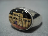 Native American Extremely Detailed Vintage Navaj Turquoise Pueblo Inlay Sterling Silver Ring Old-Nativo Arts