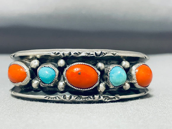 Outstanding Vintage Native American Zuni Coral & Blue Gem Turquoise Sterling Silver Bracelet-Nativo Arts