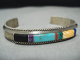 Intricate Vintage Native American Navajo Turquoise Sterling Silver Inlay Bracelet-Nativo Arts