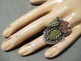 Native American Important Hand Carved Royston Turquoise Coral Sterling Silver Ring-Nativo Arts
