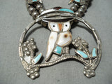 Intricate!! Vintage Native American Zuni Turquoise Sterling Silver Owl Squash Blossom Necklace-Nativo Arts
