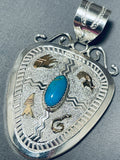 Dazzling Native American Navajo Signed Kingman Turquoise 12kgf Bear Sterling Silver Pendant-Nativo Arts