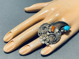 Powerful Huge Native American Navajo Turquoise Coral Sterling Silver Mens Ring-Nativo Arts