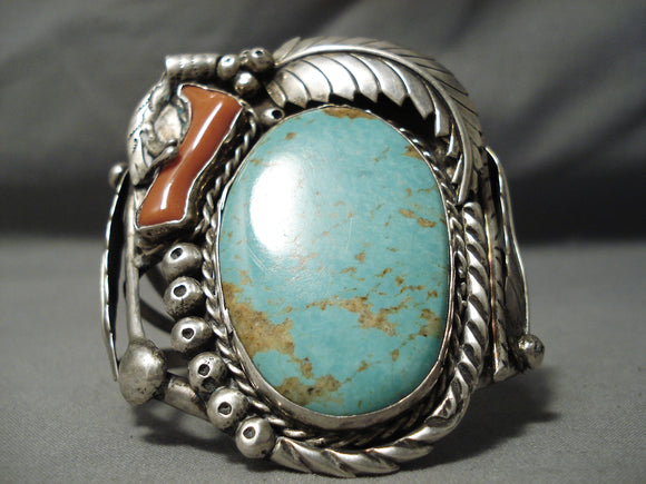 Opulent Huge Vintage Native American Navajo #8 Turquoise Sterling Silver Coral Bracelet-Nativo Arts