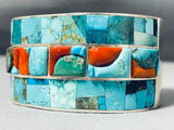 Heavy 129 Gram Native American Navajo Turquoise Coral Sterling Silver Inlay Bracelet-Nativo Arts