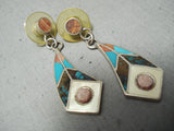 Intricate Vintage Native American Zuni Turquoise Sterling Silver Earrings Old-Nativo Arts