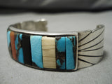 Rare Bisbee Turquoise Vintage Native American Navajo Sterling Silver Inlay Bracelet Old-Nativo Arts