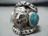 Astounding Native American Navajo Blue Diamond Turquoise Sterling Silver Bearr Ring-Nativo Arts