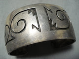 Signed Vintage Native American Navajo Heavy Patina Sterling Silver Geomtric Bracelet-Nativo Arts