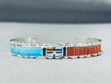 Marvelous Native American Zuni Signed Inlay Sunface Turquoise Coral Jet Sterling Silver Bracelet-Nativo Arts