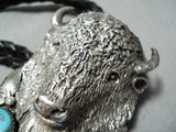 Huge Heavy Vintage Native American Navajo Buffalo Turquoise Sterling Silver Bolo Tie-Nativo Arts