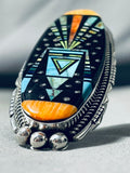 Amazing Native American Navajo Signed Inlay Turquoise Jet Atomic Kachina Sterling Silver Ring-Nativo Arts