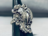Ornamental Native American Navajo Sterling Silver Leaves Stems Floral Huge Ring-Nativo Arts