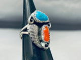 Marvelous Vintage Native American Navajo Kingman Turquoise & Coral Sterling Silver Ring-Nativo Arts