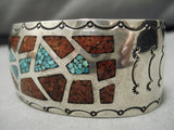 Remarkable Native American Navajo Coral Turquoise Inlay Sterling Silver Bracelet Old-Nativo Arts