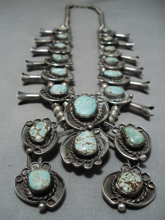 Important #8 Turquoise Vintage Native American Navajo Sterling Silver Squash Blossom Necklace-Nativo Arts