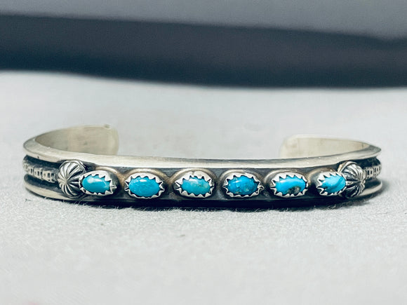 Authentic Native American Navajo Signed 6 Kingman Turquoise Sterling Silver Bracelet-Nativo Arts