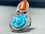 Wonderful Native American Navajo Morenci Turquoise And Coral Sterling Silver Ring-Nativo Arts