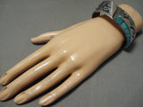 One Of Best Multi Technique Vintage Native American Navajo Turquoise Sterling Silver Bracelet-Nativo Arts