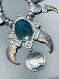 Native American 368 Gram Bear San Felipe Turquoise Sterling Silver Squash Blossom Necklace-Nativo Arts