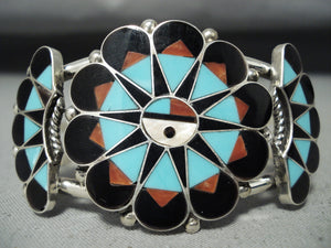 Intricacy Galore Vintage Native American Zuni Turquoise Coral Sterling Silver Bracelet-Nativo Arts