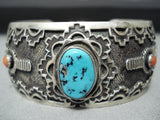 Detailed! Vintage Native American Navajo Turquoise Coral Sterling Silver Pueblo Bracelet-Nativo Arts