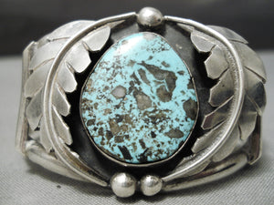 Very Rare Vintage Native American Navajo Basalt Turquoise Sterling Silver Bracelet Old-Nativo Arts