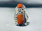 Remarkable Native American Navajo Coral Sterling Silver Ring-Nativo Arts