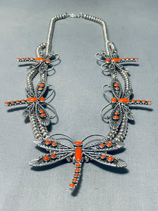 Authentic Coral Vintage Native American Navajo Butterfly Sterling Silver Squash Blossom Necklace-Nativo Arts
