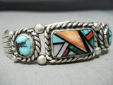 Intricate Vintage Native American Navajo Turquoise Inlay Sterling Silver Bracelet-Nativo Arts