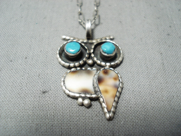 Whimsical Vintage Acoma Native American Turquoise Sterling Silver Owl Necklace-Nativo Arts