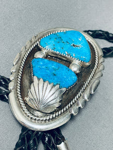 Important Rob Leekya Vintage Native American Zuni Turquoise Sterling Silver Bolo Tie-Nativo Arts