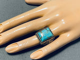 Marvelous Vintage Native American Navajo Kingman Turquoise Square Sterling Silver Ring-Nativo Arts