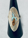 Intricate Vintage Older Native American Navajo Turquoise Coral Sterling Silver Inlay Ring Old-Nativo Arts
