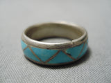 Impressive Vintage Native American Navajo Inlay Blue Turquoise Sterling Silver Ring Old-Nativo Arts