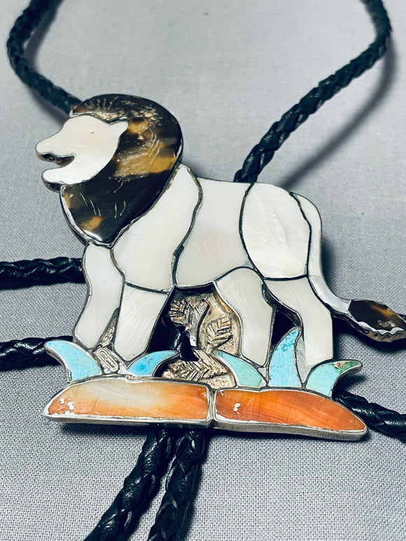 Extremely Rare Vintage Native American Zuni Lion Turquoise Sterling Silver Bolo Tie-Nativo Arts