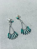 Early 1900s Vintage Native American Zuni Blue Gem Turquoise Needlepoint Sterling Silver Earrings-Nativo Arts